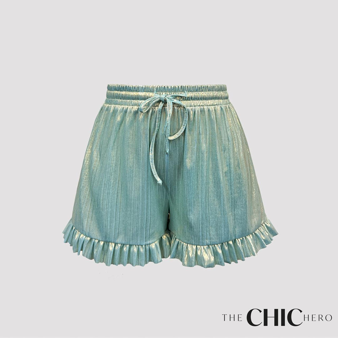 Metallic Blue Ruffle Hem Shorts