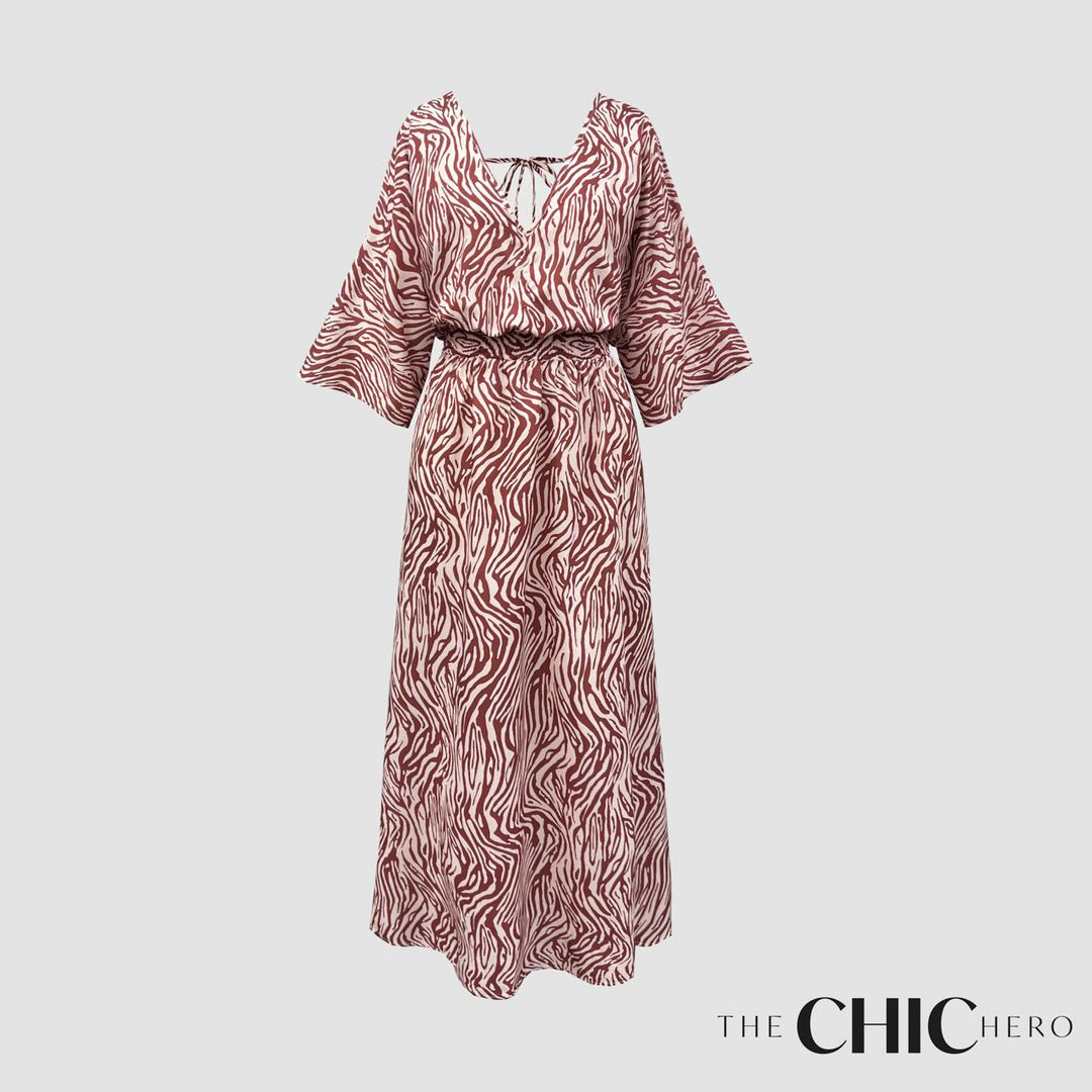 Long Sleeve Tie Back Maxi Dress in Burgundy Print