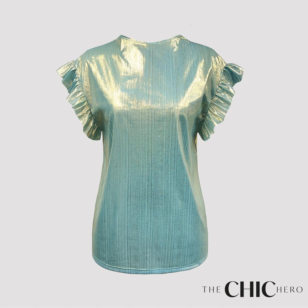 Metallic Blue Ruffle Sleeve Top