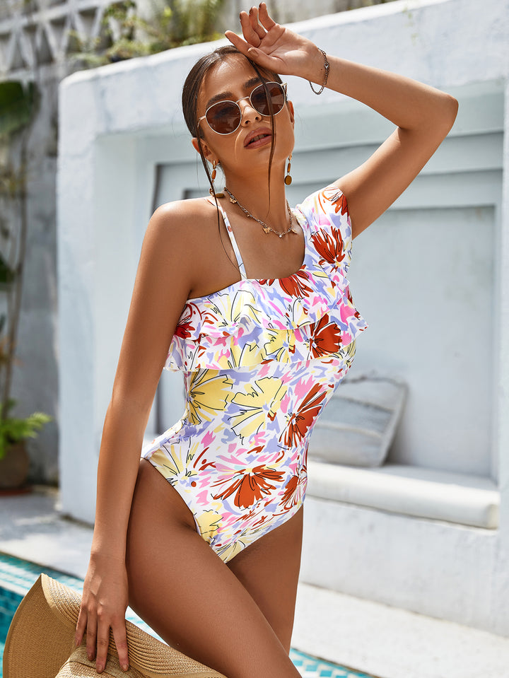 Floral Print Ruffle Trim One Piece Swimsuit