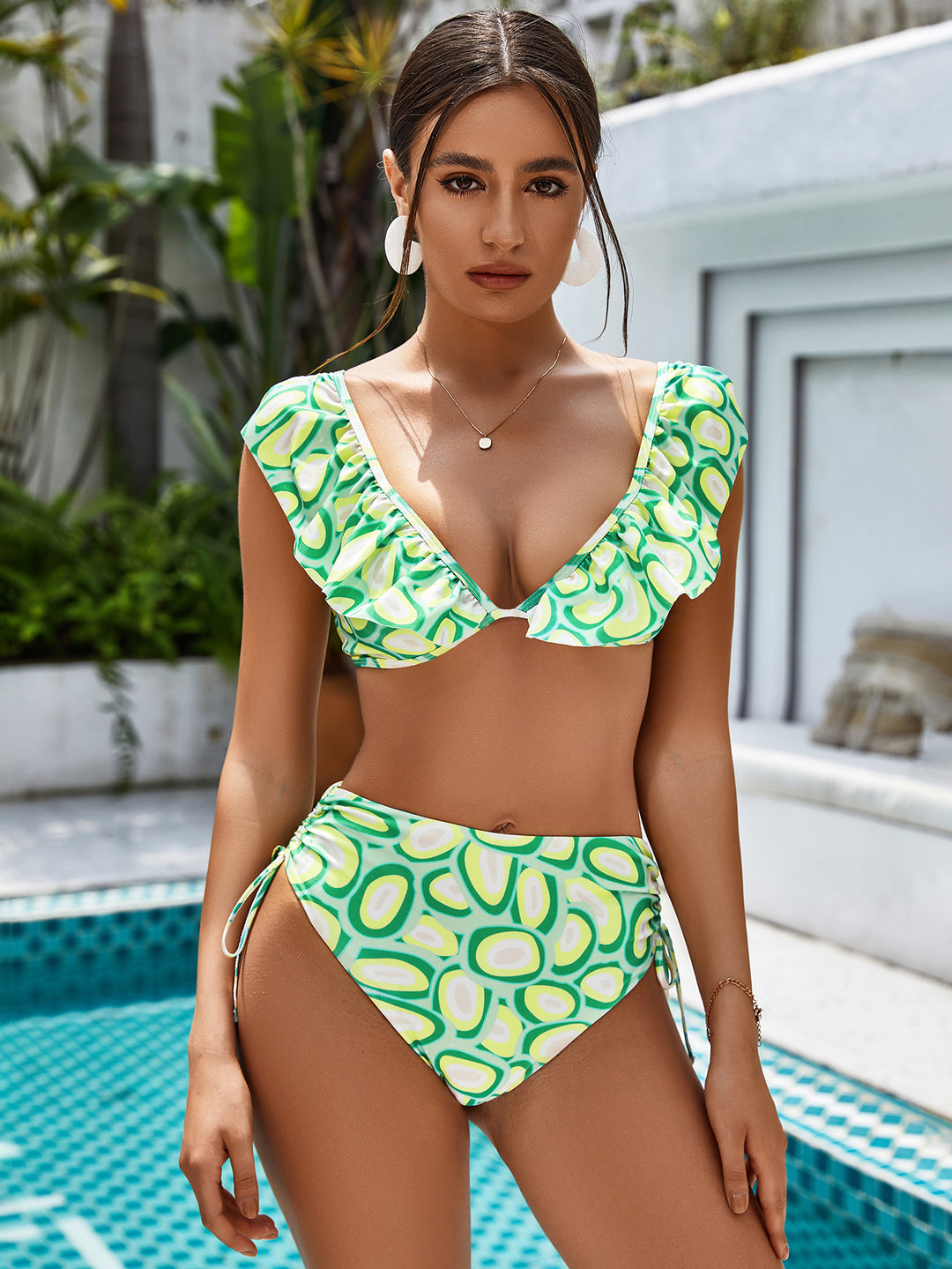 Allover Print Ruffle Trim Bikini Swimsuit