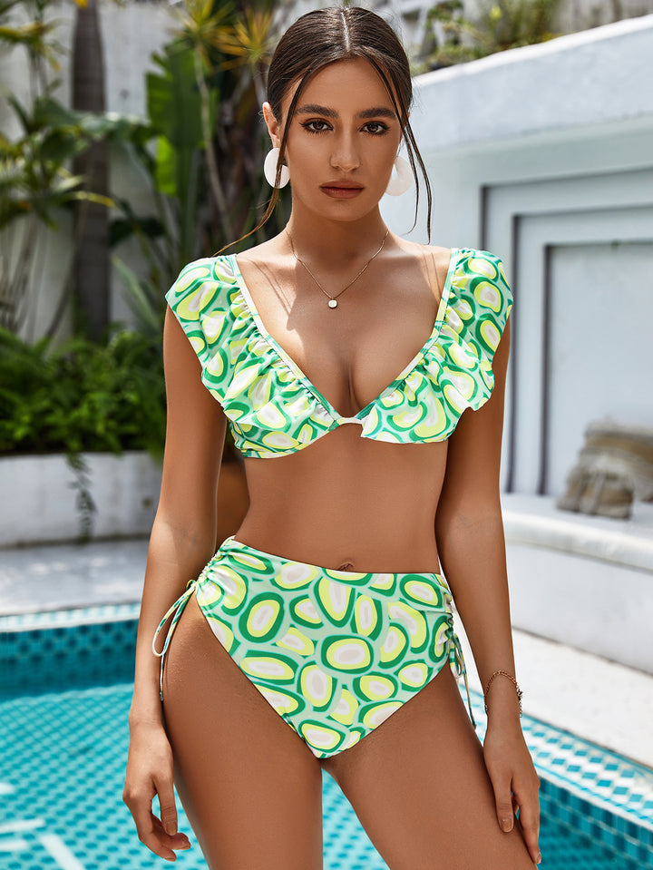 Allover Print Ruffle Trim Bikini Swimsuit