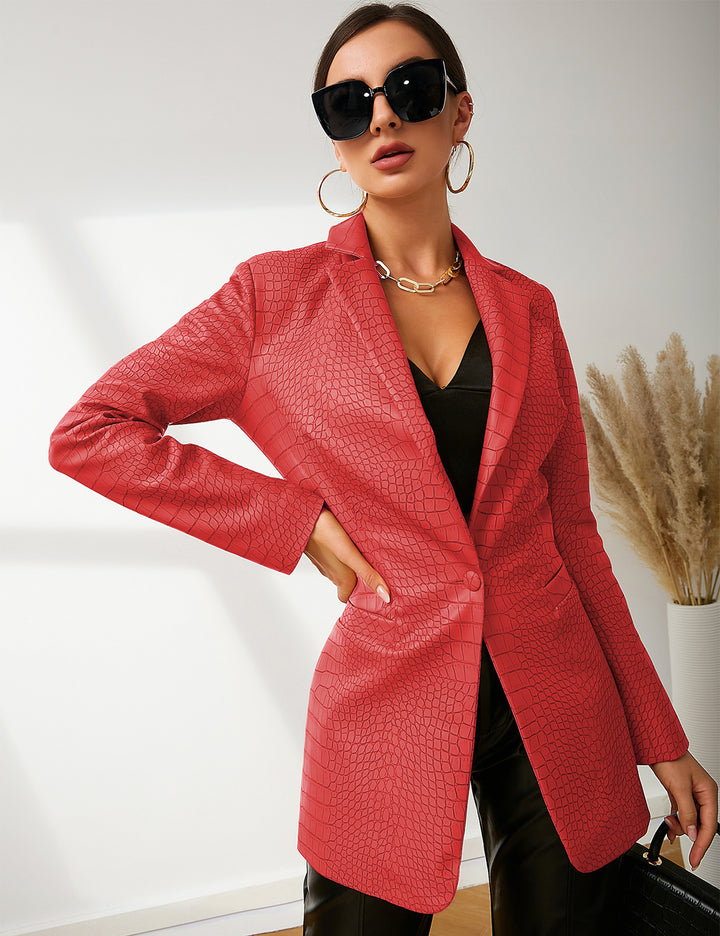 Faux Leather Crocodile Pattern Blazer Jacket In Red