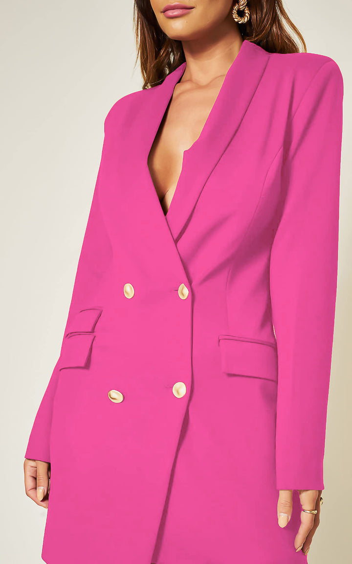 Luxe Stain Breasted Asymmetric Blazer Dress In Hot Pink