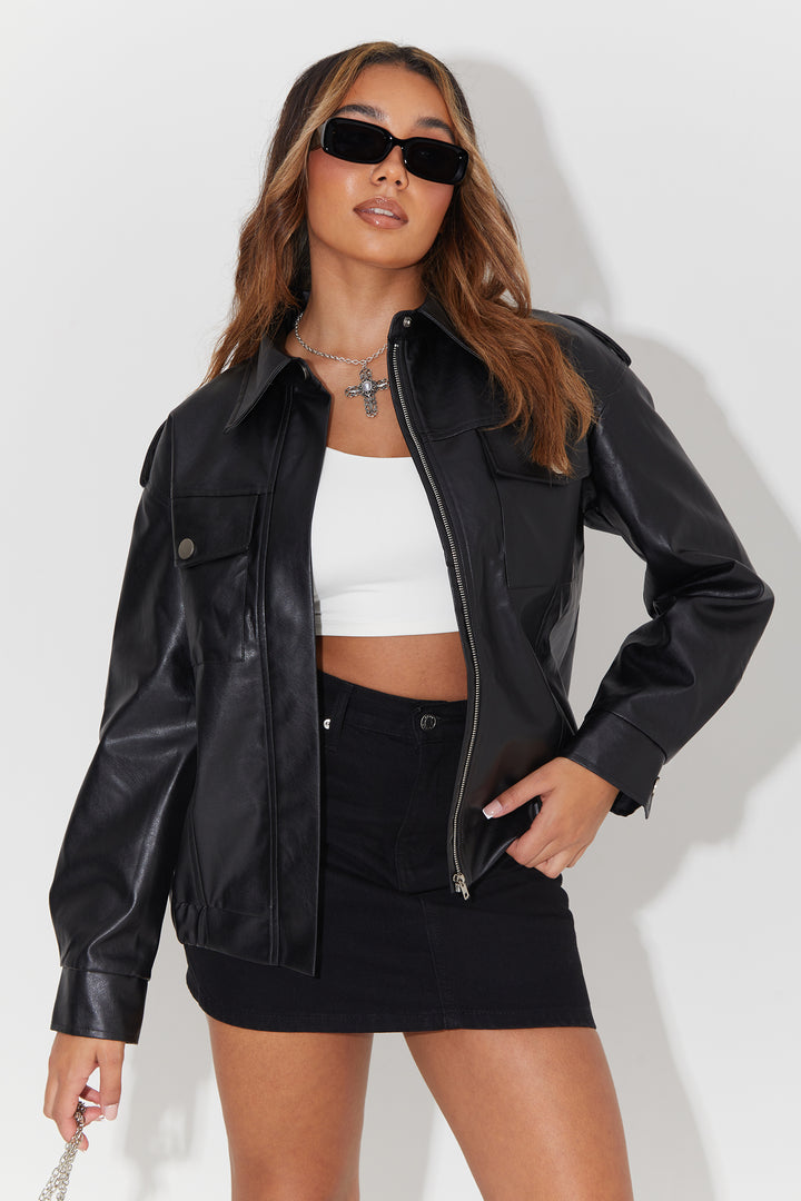 Faux Leather Bomber Jacket