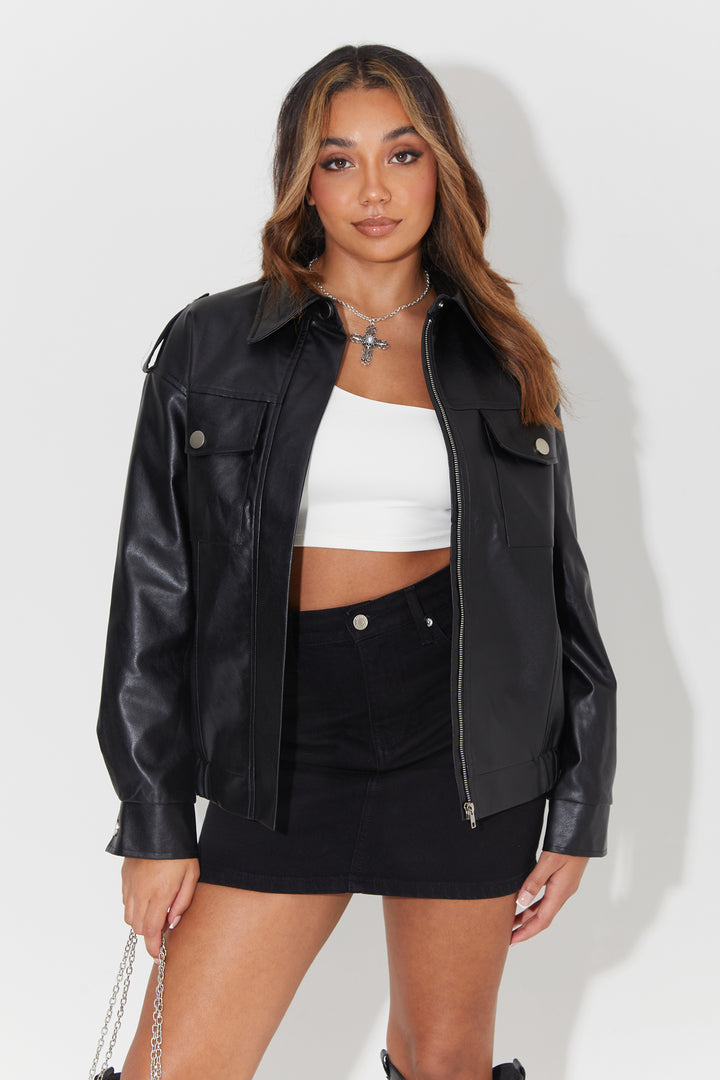 Faux Leather Bomber Jacket