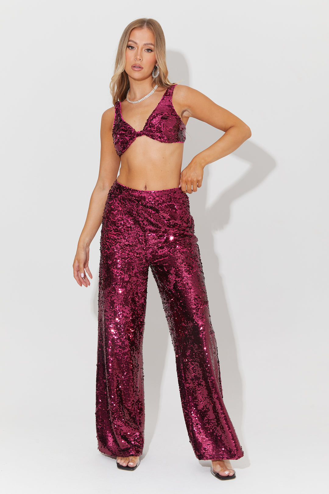 Slouchy Wide Leg Trousers In Hot Pink Sequin Co-Ord