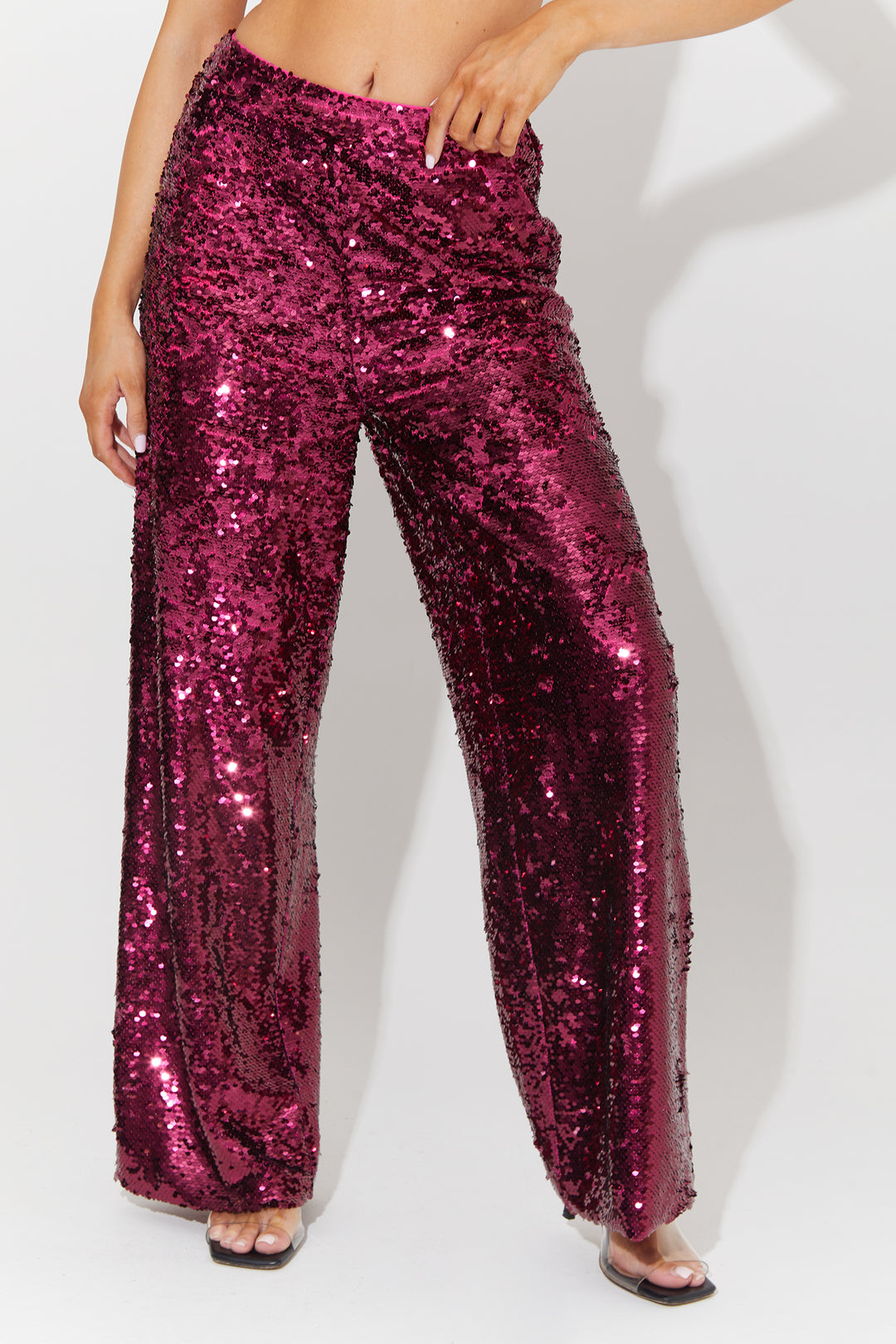 Slouchy Wide Leg Trousers In Hot Pink Sequin Co-Ord