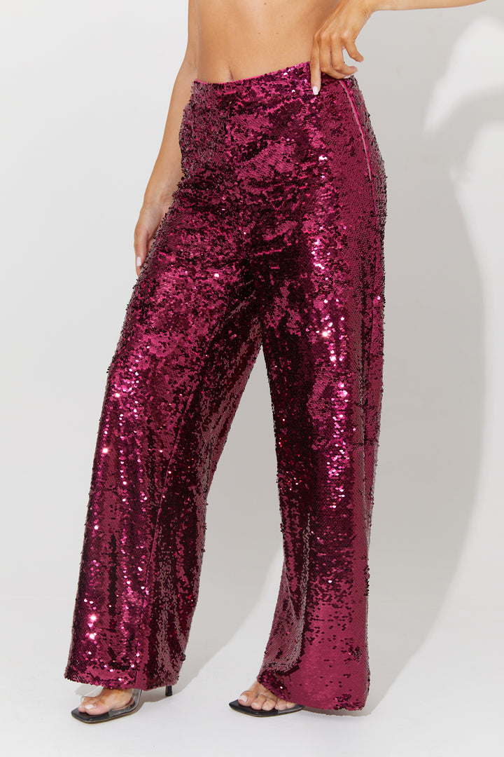 Slouchy Wide Leg Trousers In Hot Pink Sequin Co-Ord