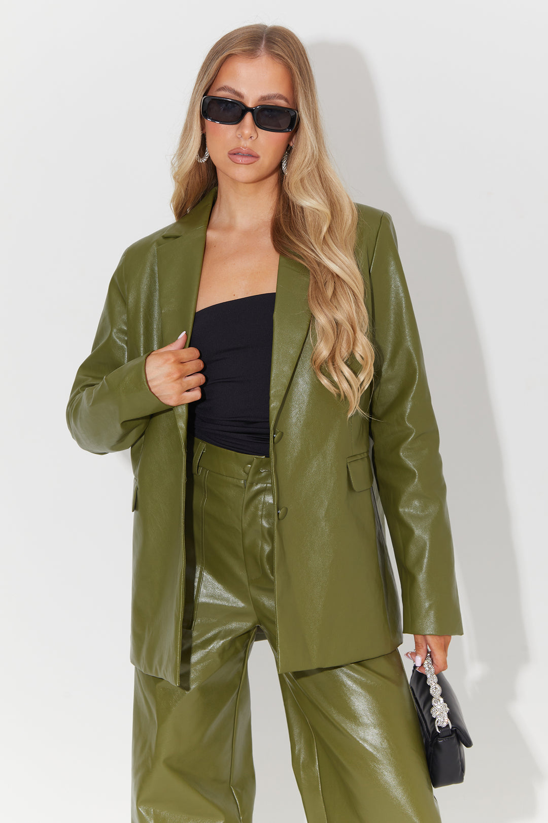 Oversized Blazer In Dark Green Faux Leather Co-Ord
