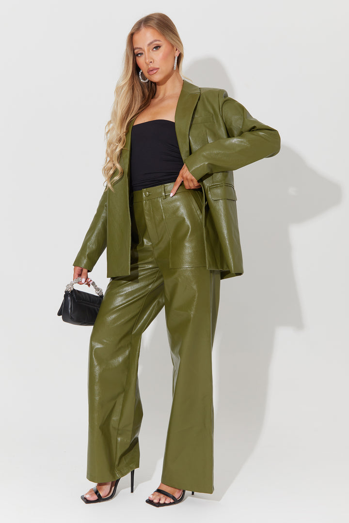 Oversized Blazer In Dark Green Faux Leather Co-Ord