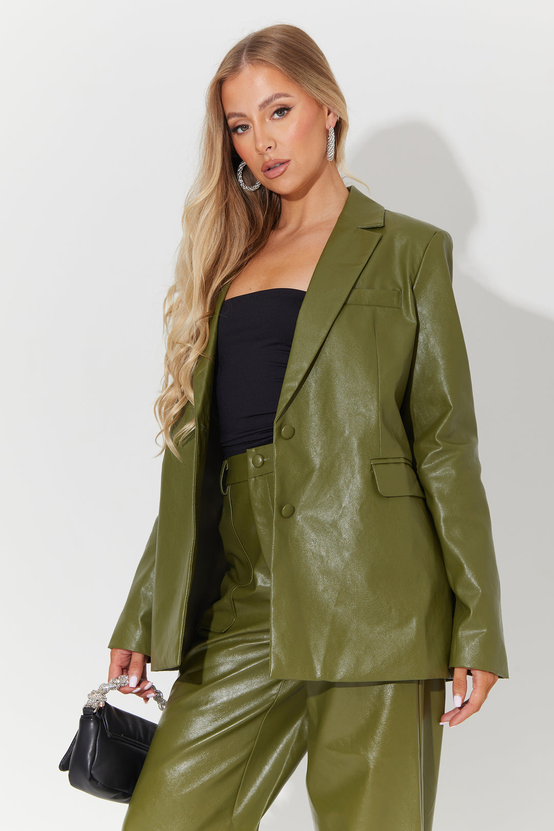 Oversized Blazer In Dark Green Faux Leather Co-Ord