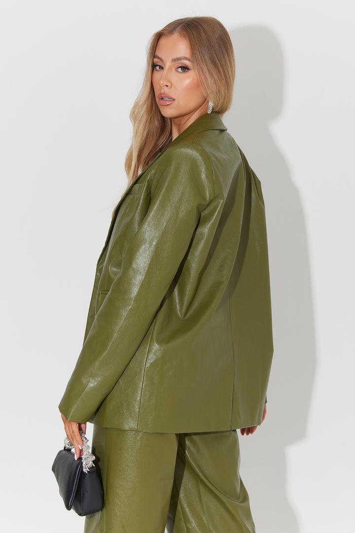 Oversized Blazer In Dark Green Faux Leather Co-Ord