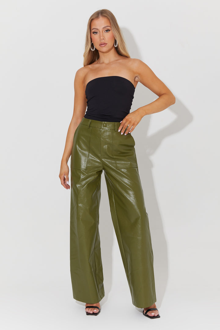 Wide Leg Trousers In Dark Green Faux Leather