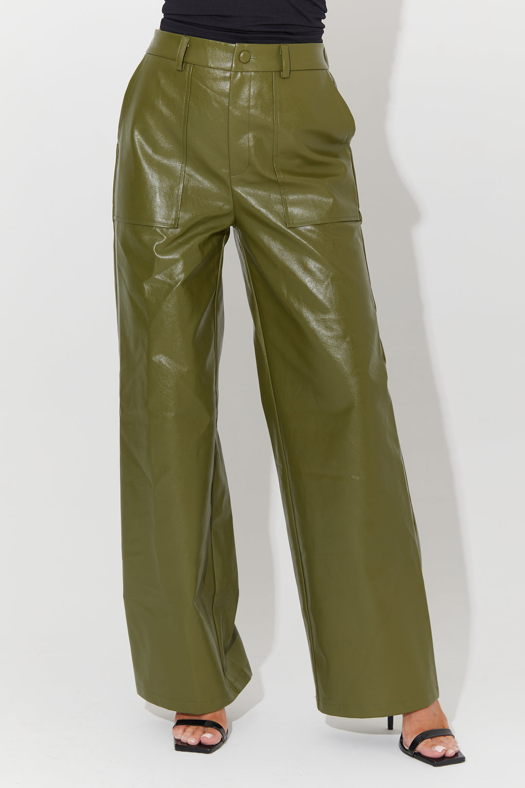 Wide Leg Trousers In Dark Green Faux Leather