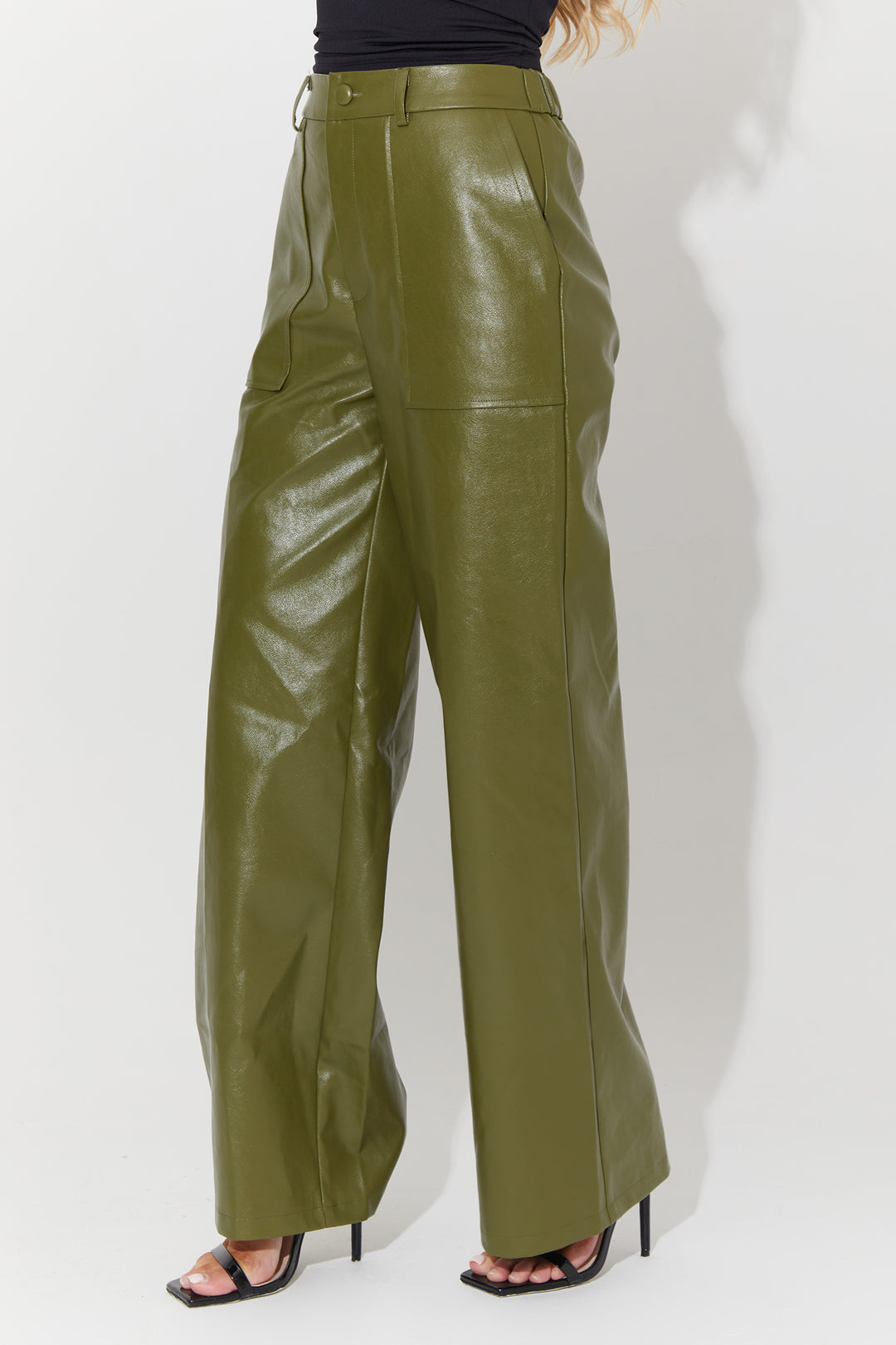 Wide Leg Trousers In Dark Green Faux Leather