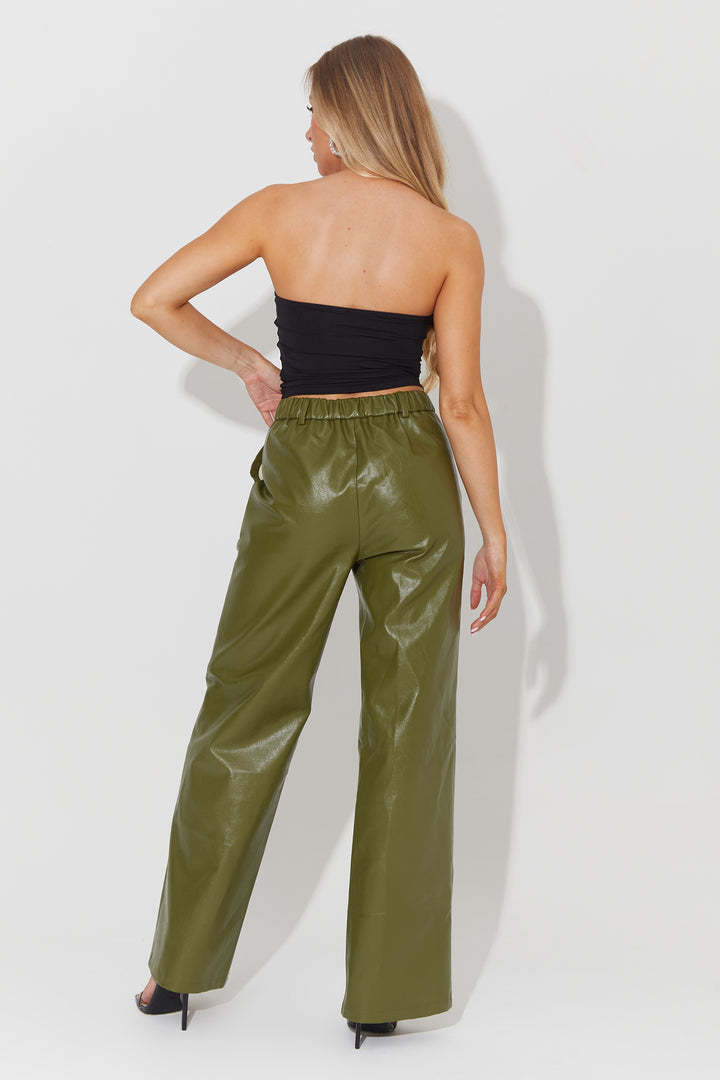 Wide Leg Trousers In Dark Green Faux Leather