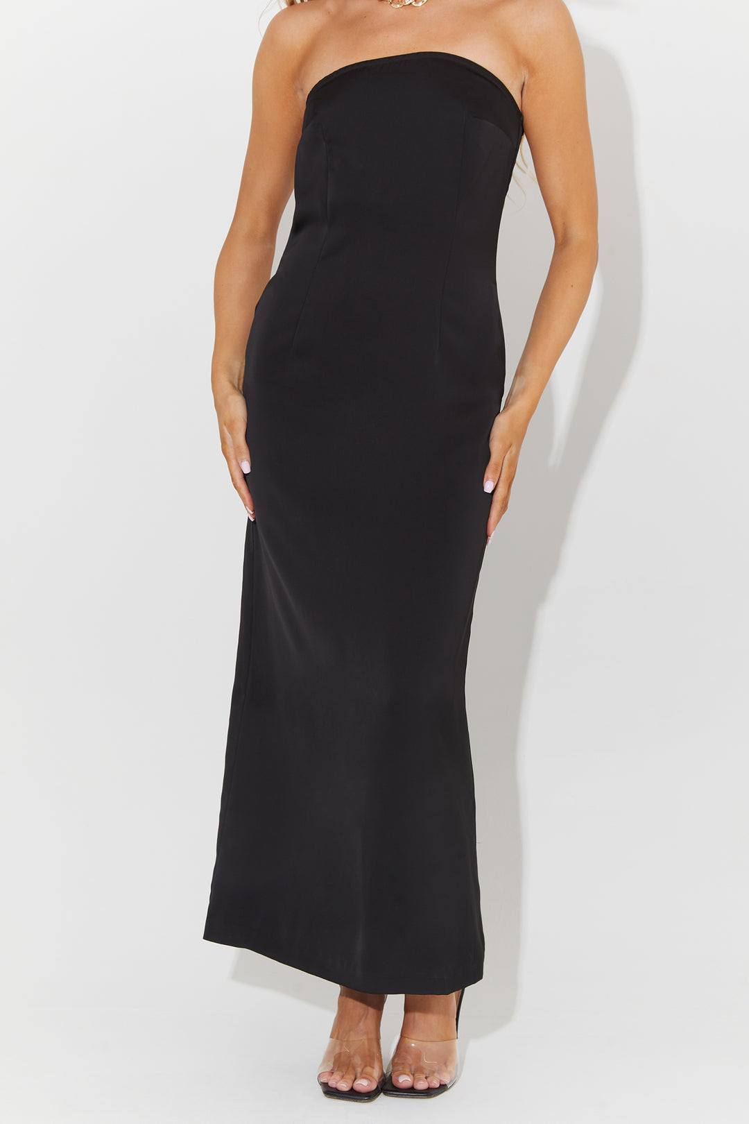 satin bandeau midi dress Oasis Women's Satin Bow Front Bandeau Midi Dress in Black