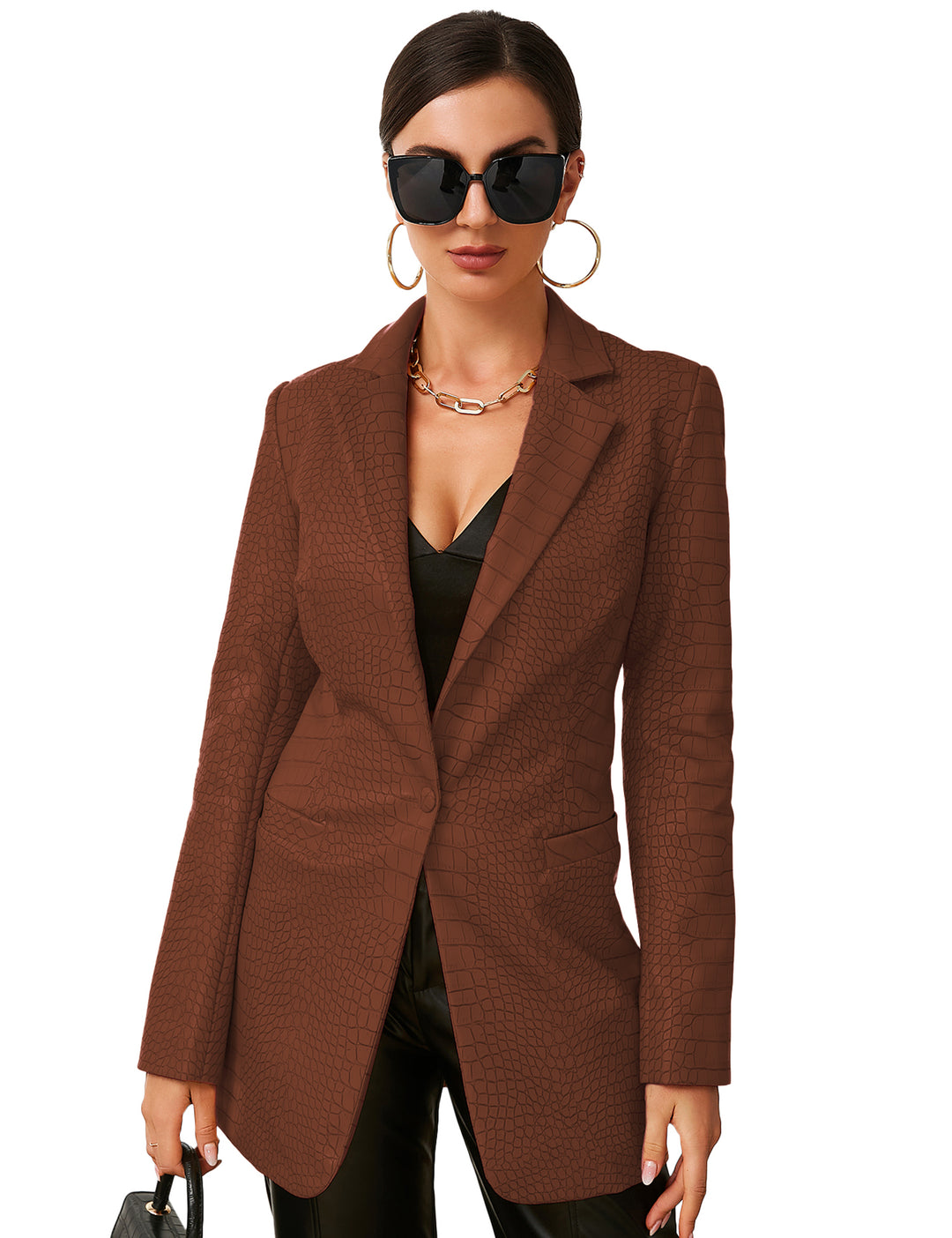 Faux Leather Crocodile Pattern Blazer Jacket In Brown