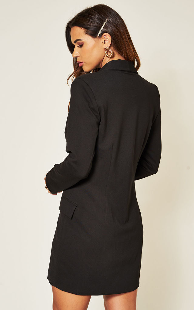Luxe Stain Double Breasted Asymmetric Blazer Dress with Gold Buttons