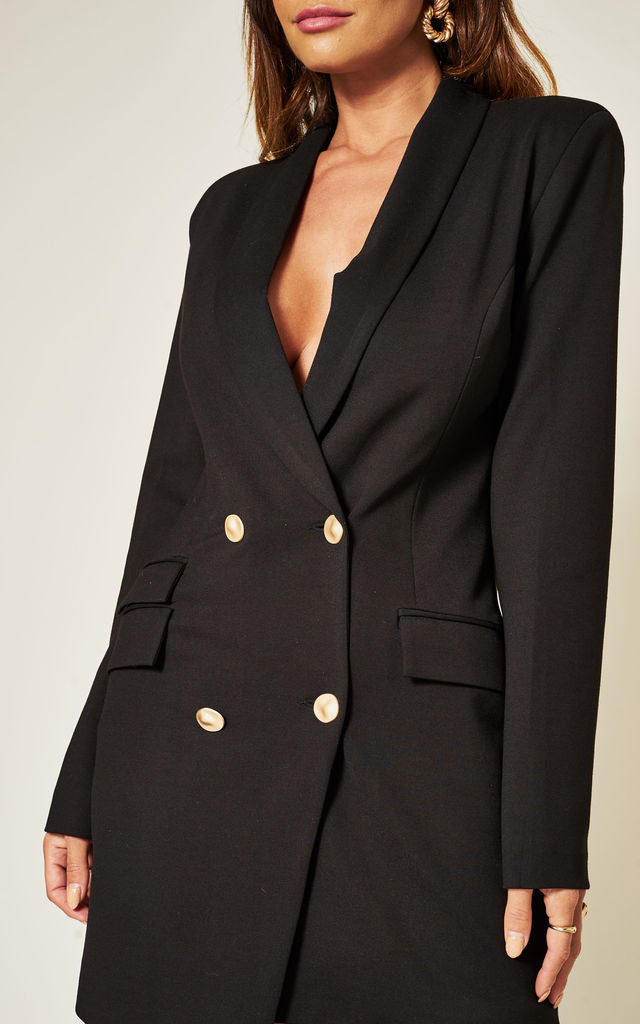 Luxe Stain Double Breasted Asymmetric Blazer Dress with Gold Buttons