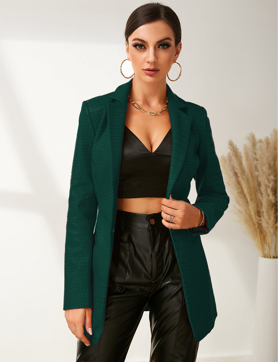 Faux Leather Crocodile Pattern Blazer Jacket In Green