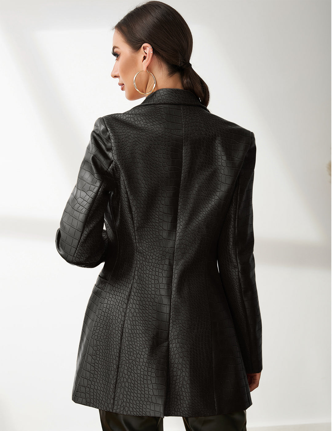 Faux Leather Crocodile Pattern Blazer Jacket In Black