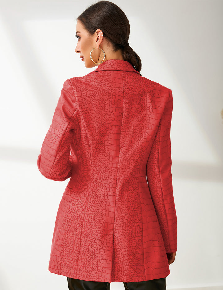 Faux Leather Crocodile Pattern Blazer Jacket In Red