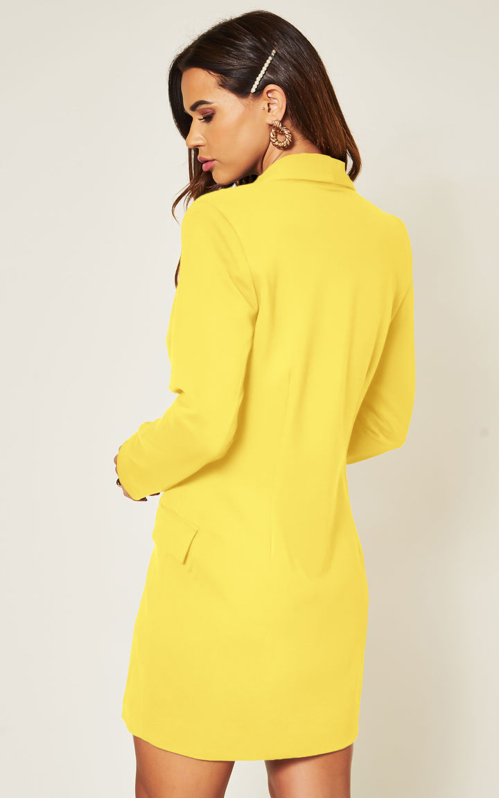 Luxe Stain Breasted Asymmetric Blazer Dress In Yellow