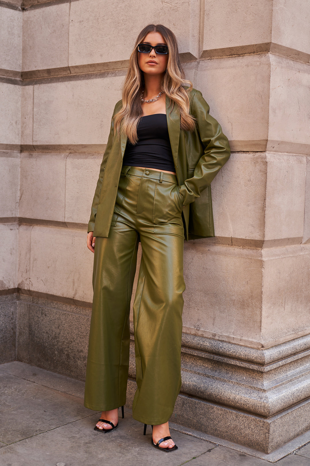 Oversized Blazer In Dark Green Faux Leather Co-Ord