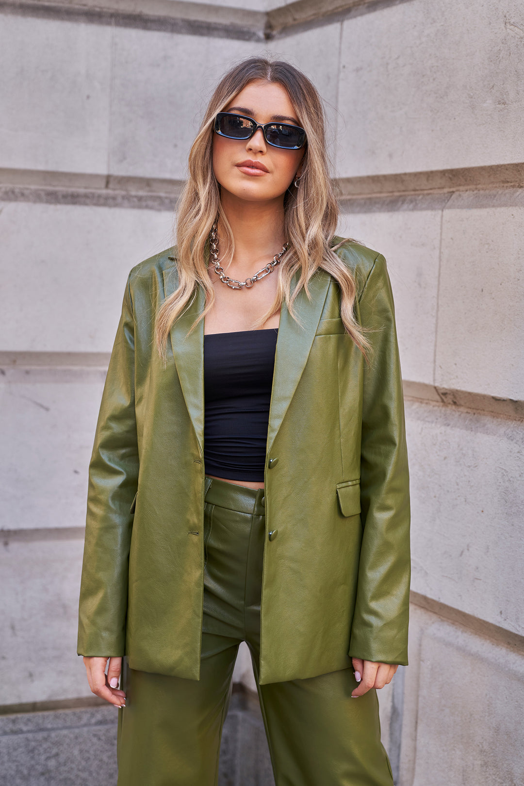 Oversized Blazer In Dark Green Faux Leather Co-Ord