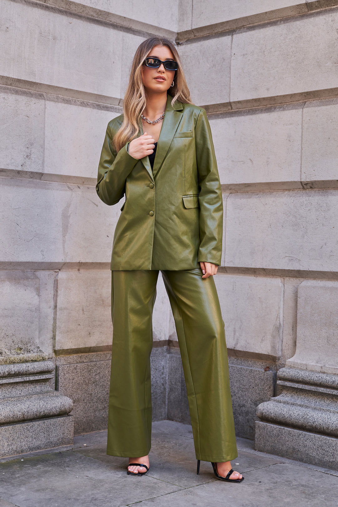 Wide Leg Trousers In Dark Green Faux Leather