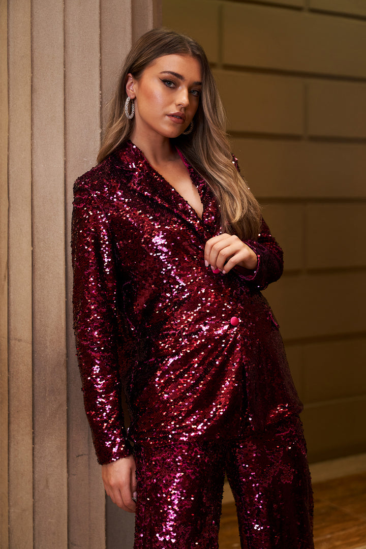 Oversized Blazer In Hot Pink Sequin Co-Ord