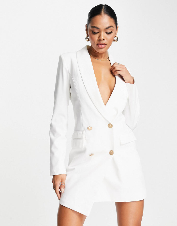 Luxe Stain Double Breasted Asymmetric Blazer Dress with Gold Buttons