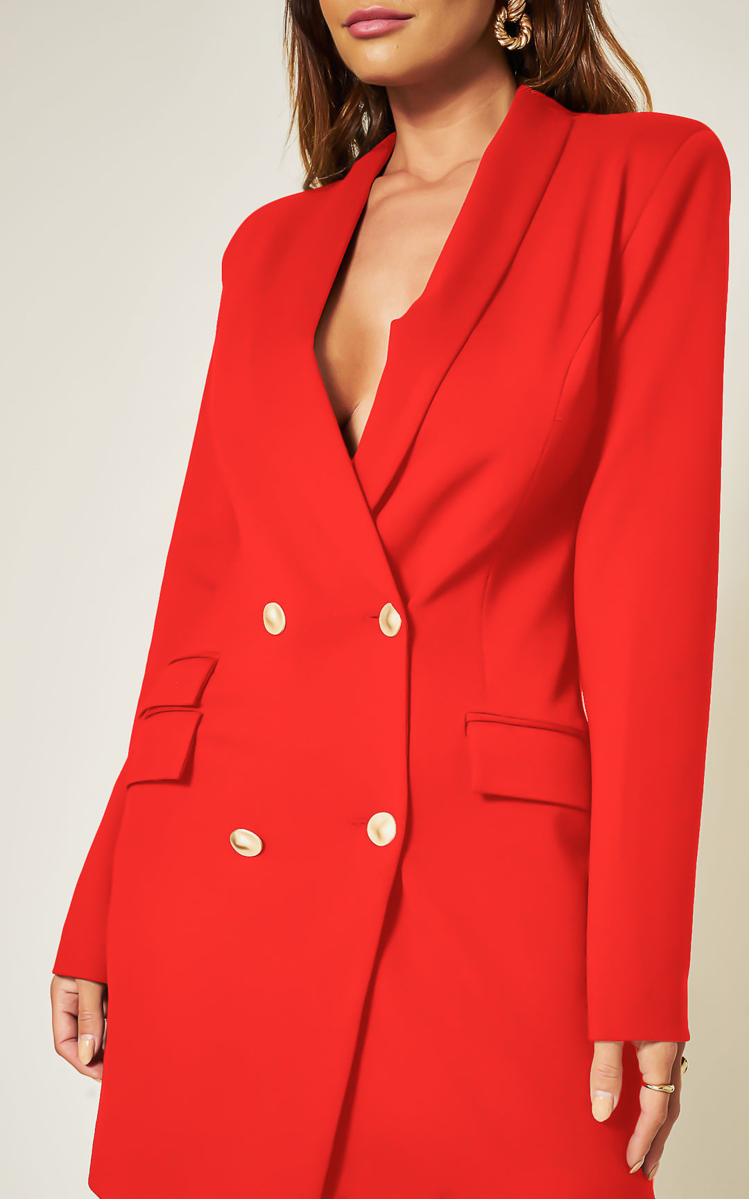 Luxe Stain Double Breasted Asymmetric Blazer Dress with Gold Buttons
