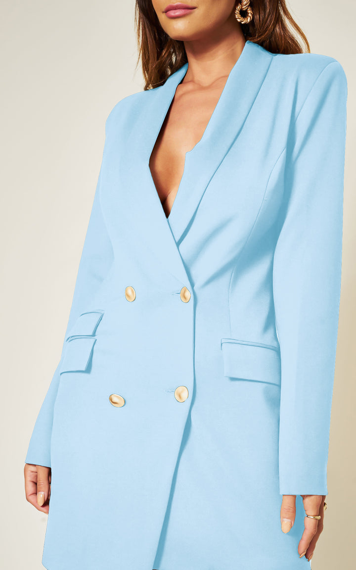 Luxe Stain Double Breasted Asymmetric Blazer Dress with Gold Buttons