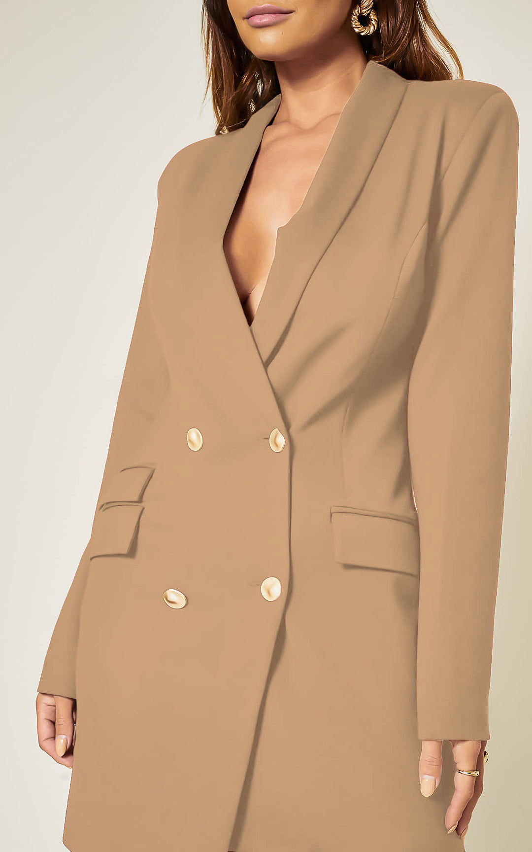 Luxe Stain Breasted Asymmetric Blazer Dress In Light Brown