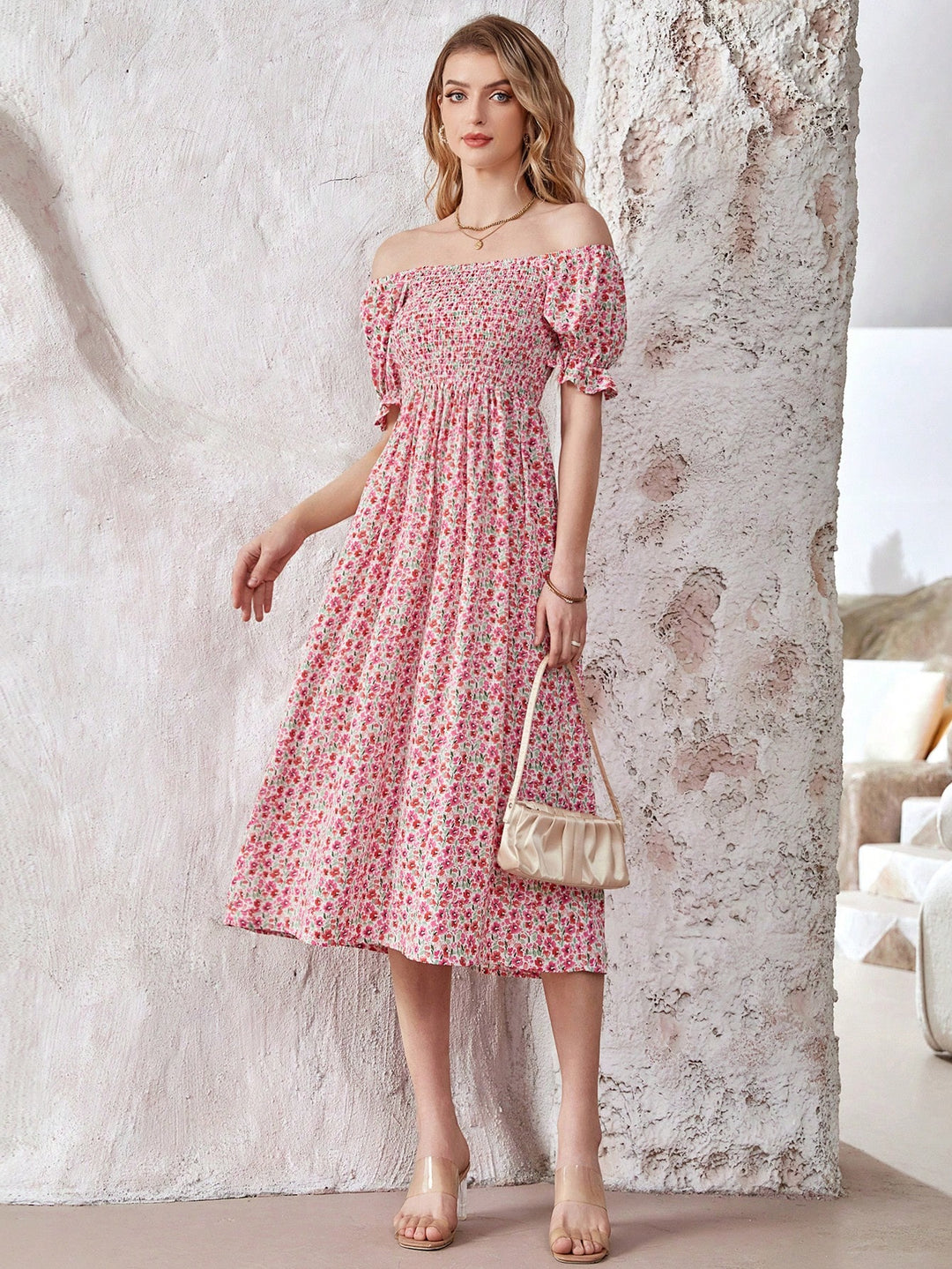 Ditsy Floral Print Puff Sleeve Dress
