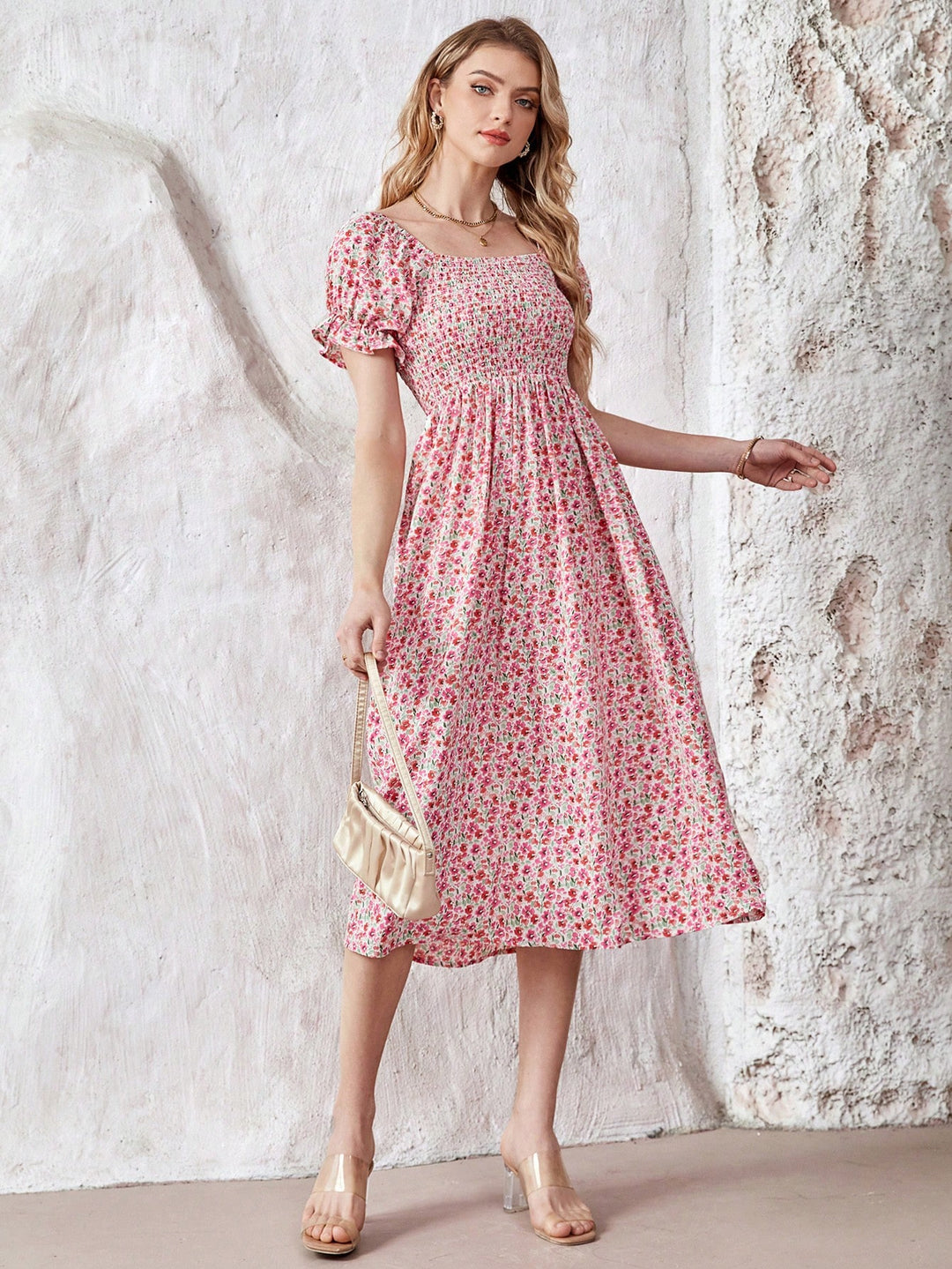 Ditsy Floral Print Puff Sleeve Dress