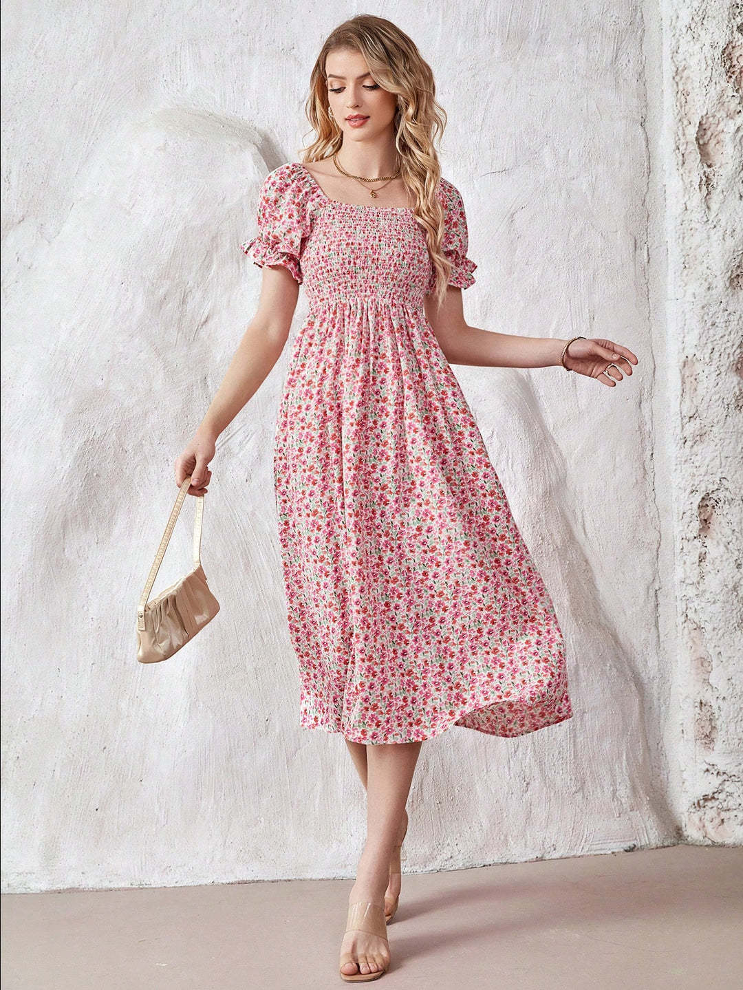 Ditsy Floral Print Puff Sleeve Dress