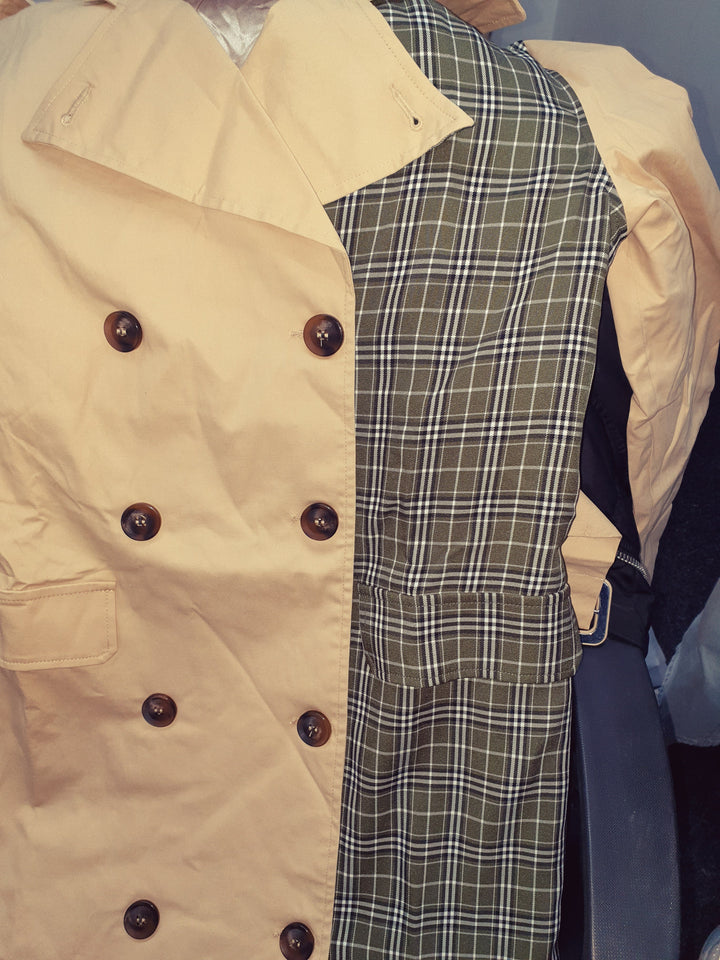 Khaki/Stone Chen Contrast Panelled Trench Coat