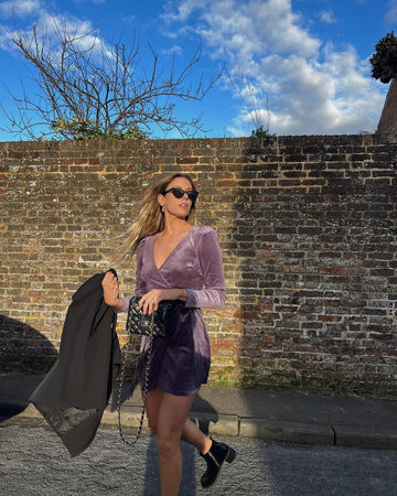 Velvet Puff Shoulder Sleeve Dress in Lavender