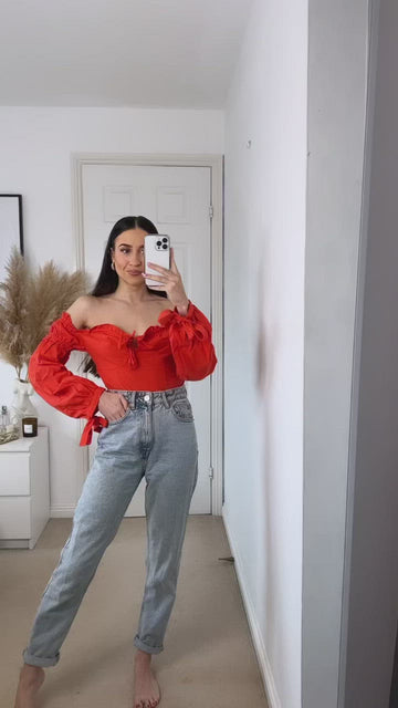 Orange Linen Tie Sleeves Bardot Crop Top
