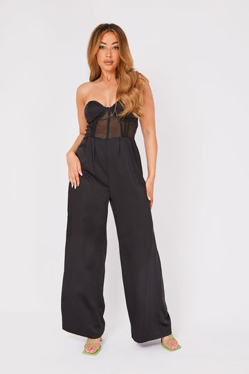 CORSET WIDE LEG Black Satin JUMPSUIT