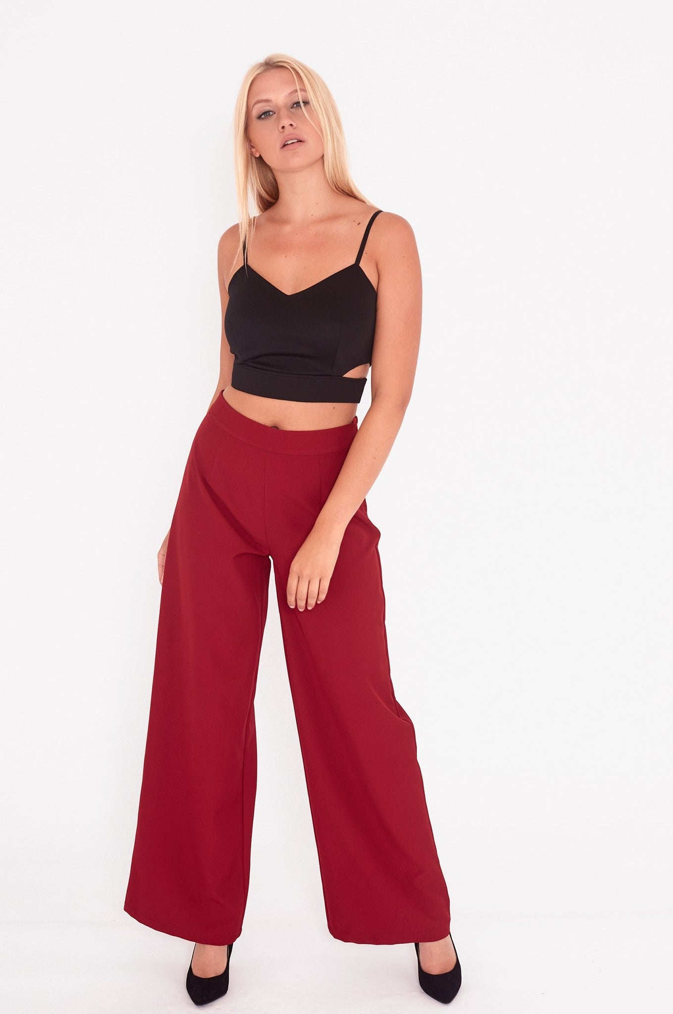 Berry Red High Waist Wide Leg Trouser