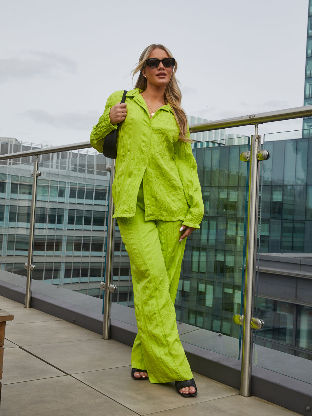 Plisse Wide Leg Trousers With Elastic Trim in Lime