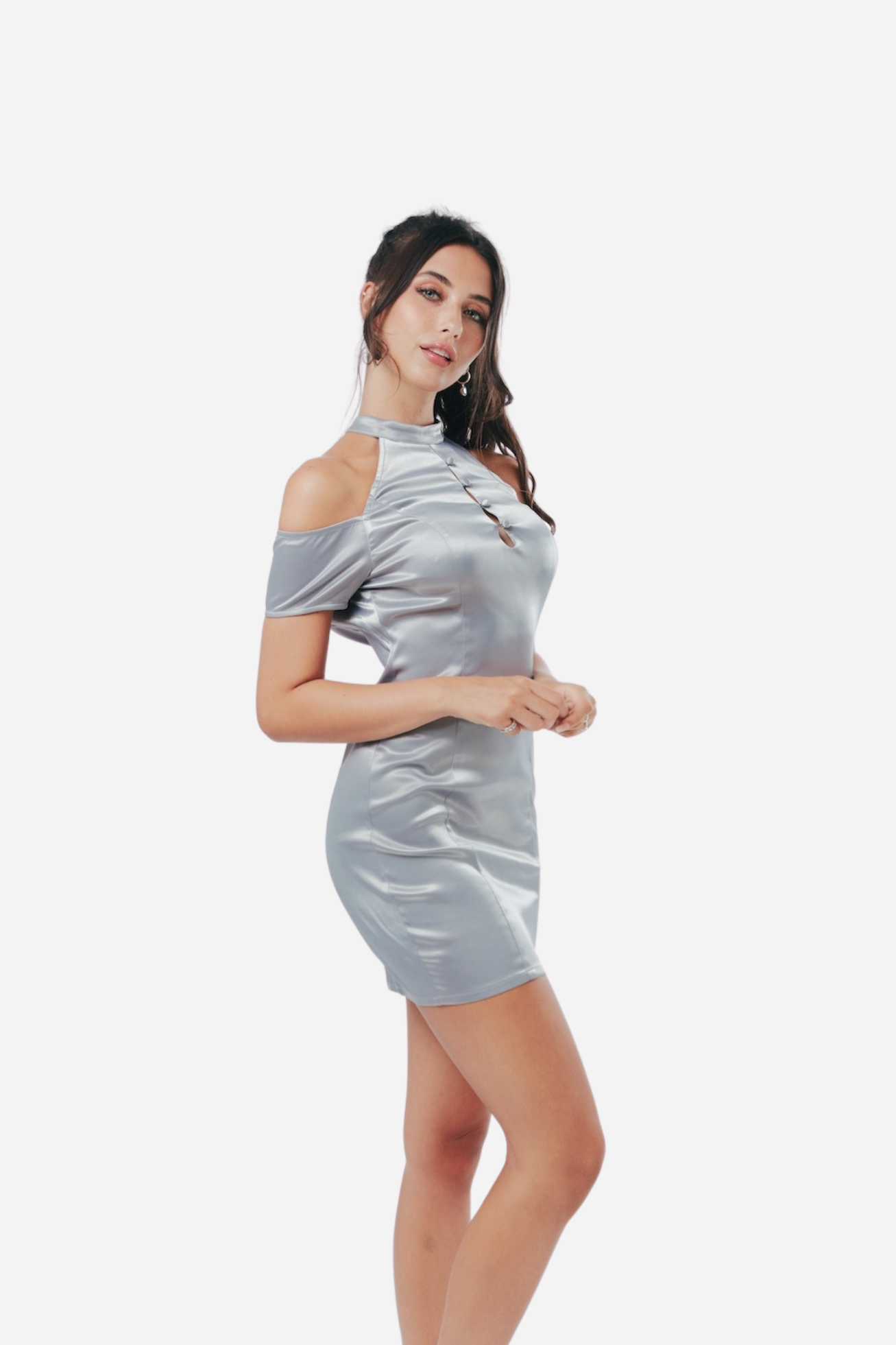 Off-Shoulder Satin Dress in Silver