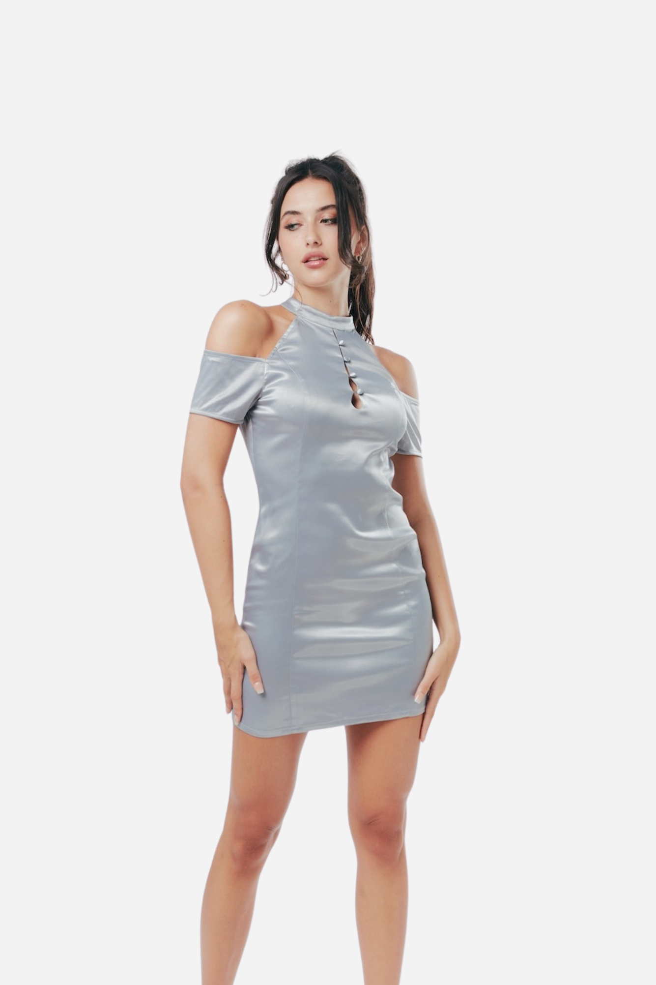 Off-Shoulder Satin Dress in Silver