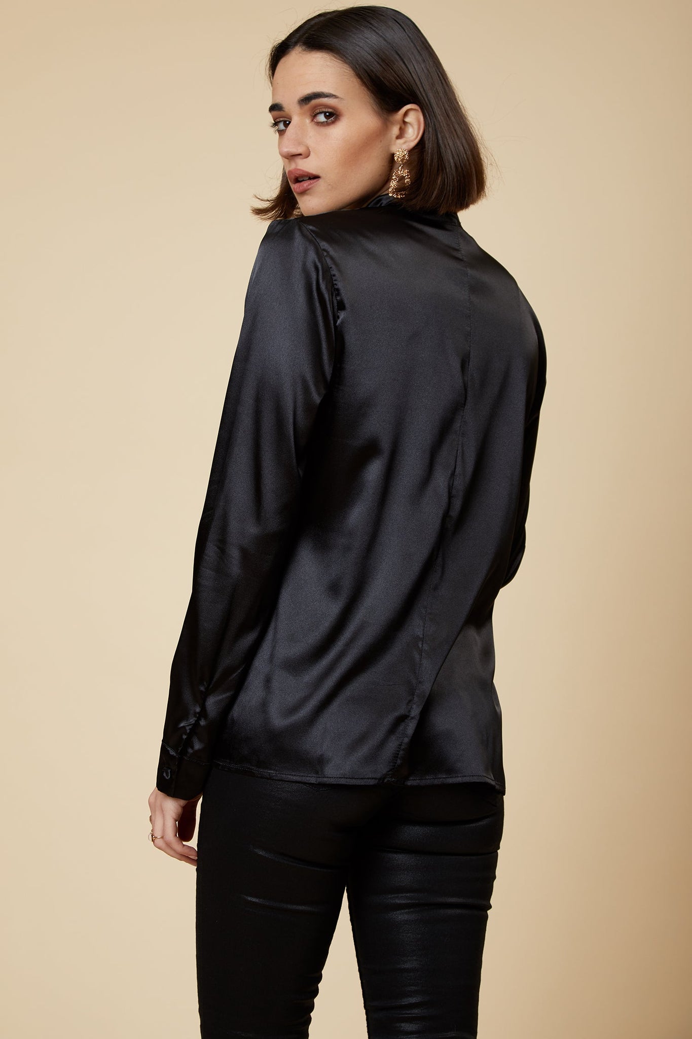 Black Satin Pussybow Blouse
