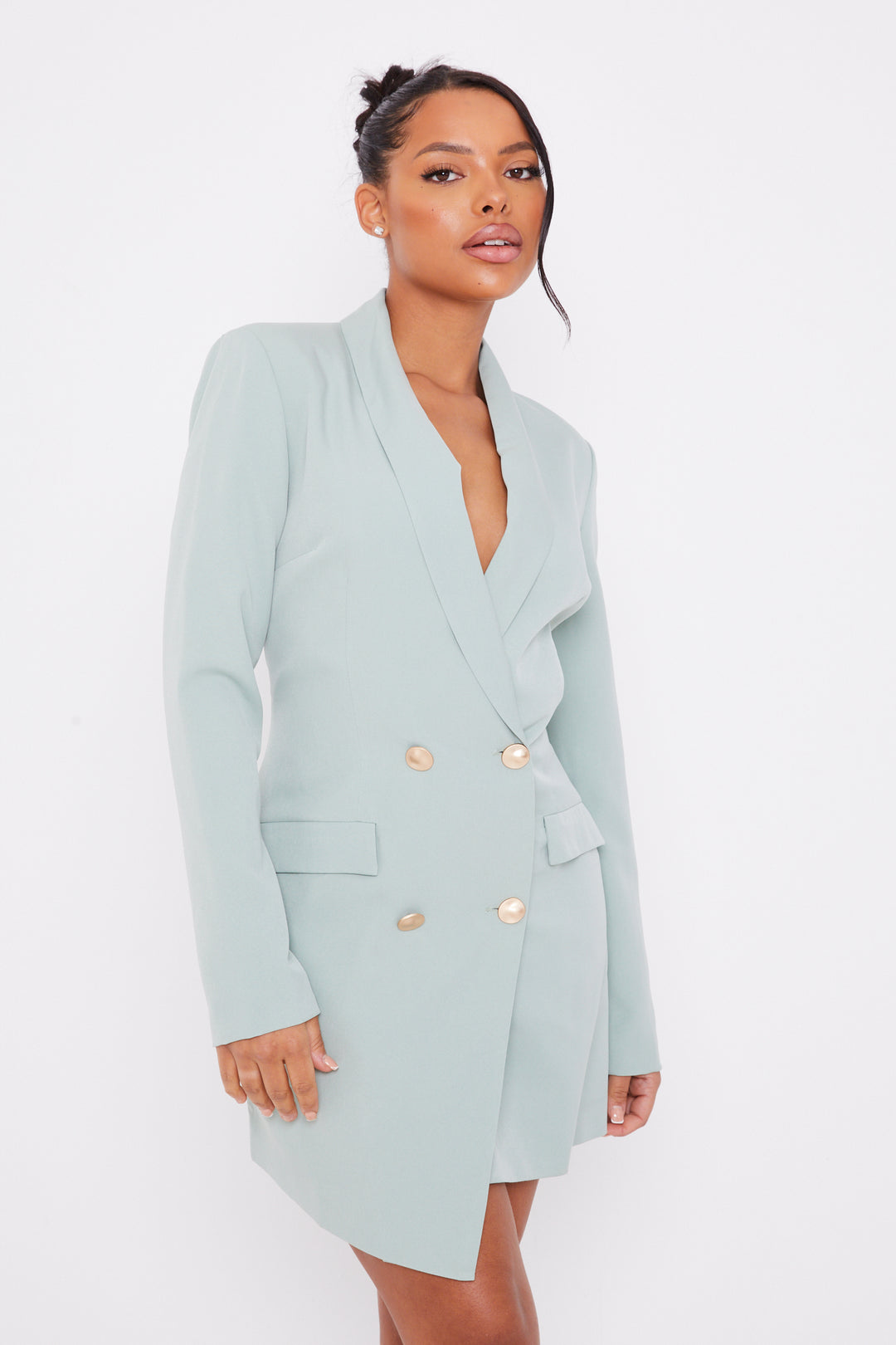 Sage Green Double Breasted Gold Button Blazer Dress Sage Green Double Breasted Gold Button Blazer Dress